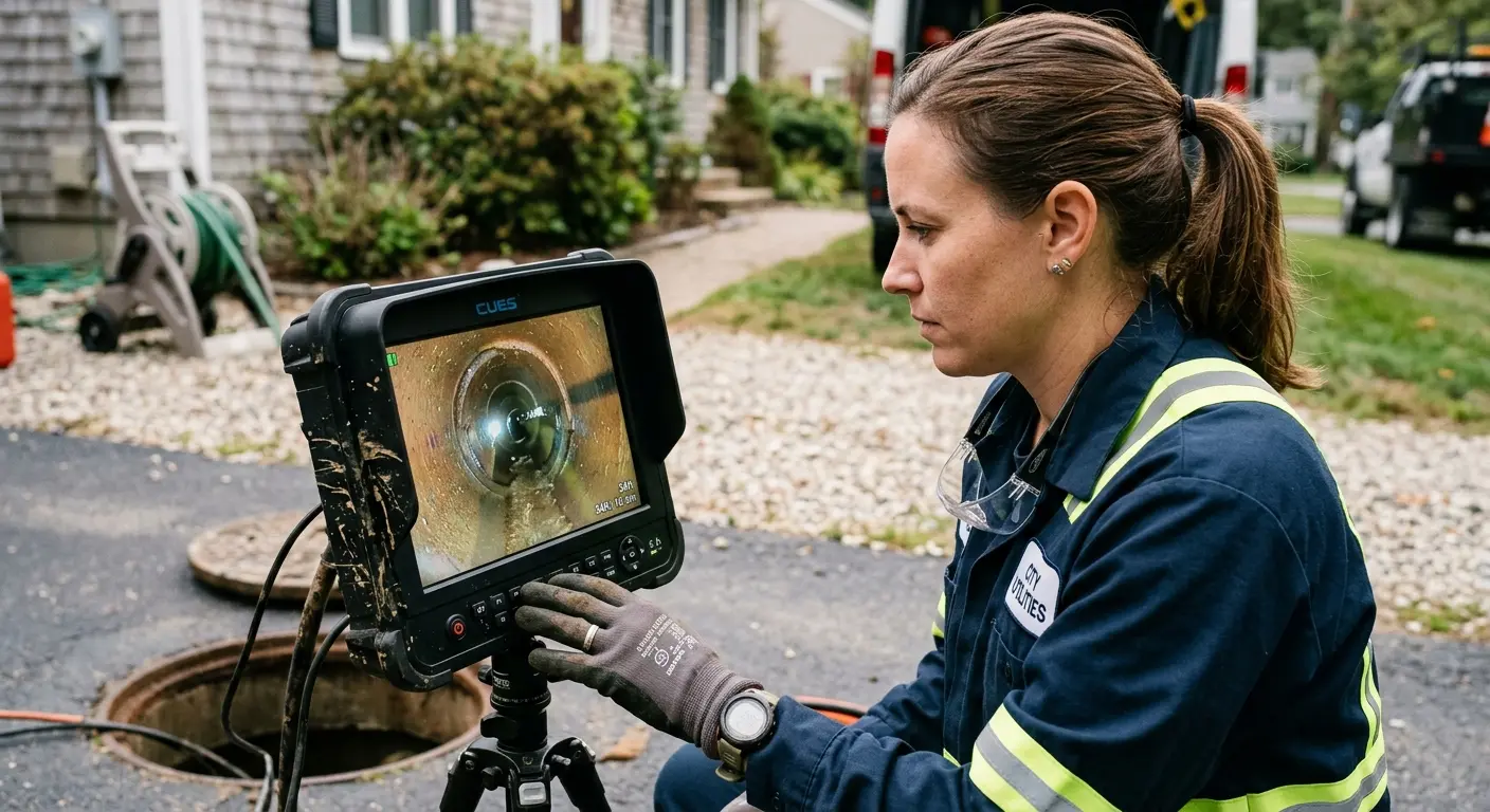 Technician reviewing sewer camera inspection footage in East Bradford