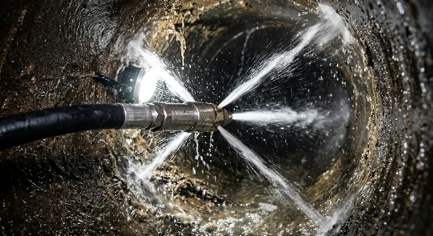 High-pressure hydro jetting nozzle cleaning sewer pipe for Storm Drain Cleaning in East Bradford