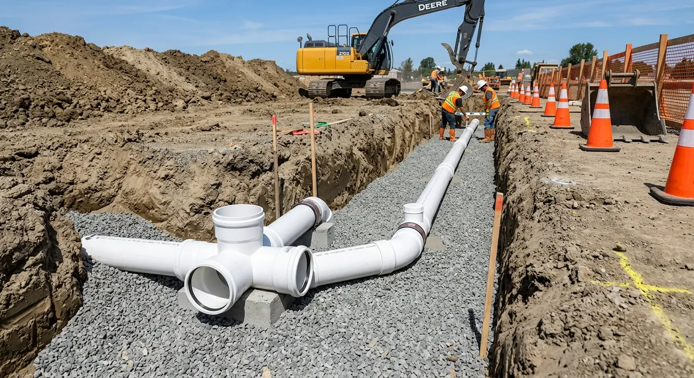 New PVC sewer pipe installation in open trench for Commercial Drain Cleaning in East Bradford