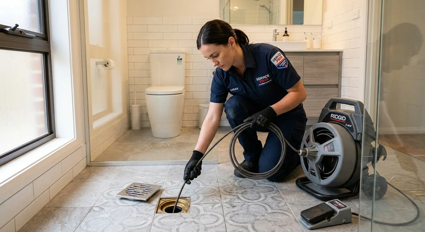 Technician clearing a bathroom floor drain for Drain Cleaning in East Bradford